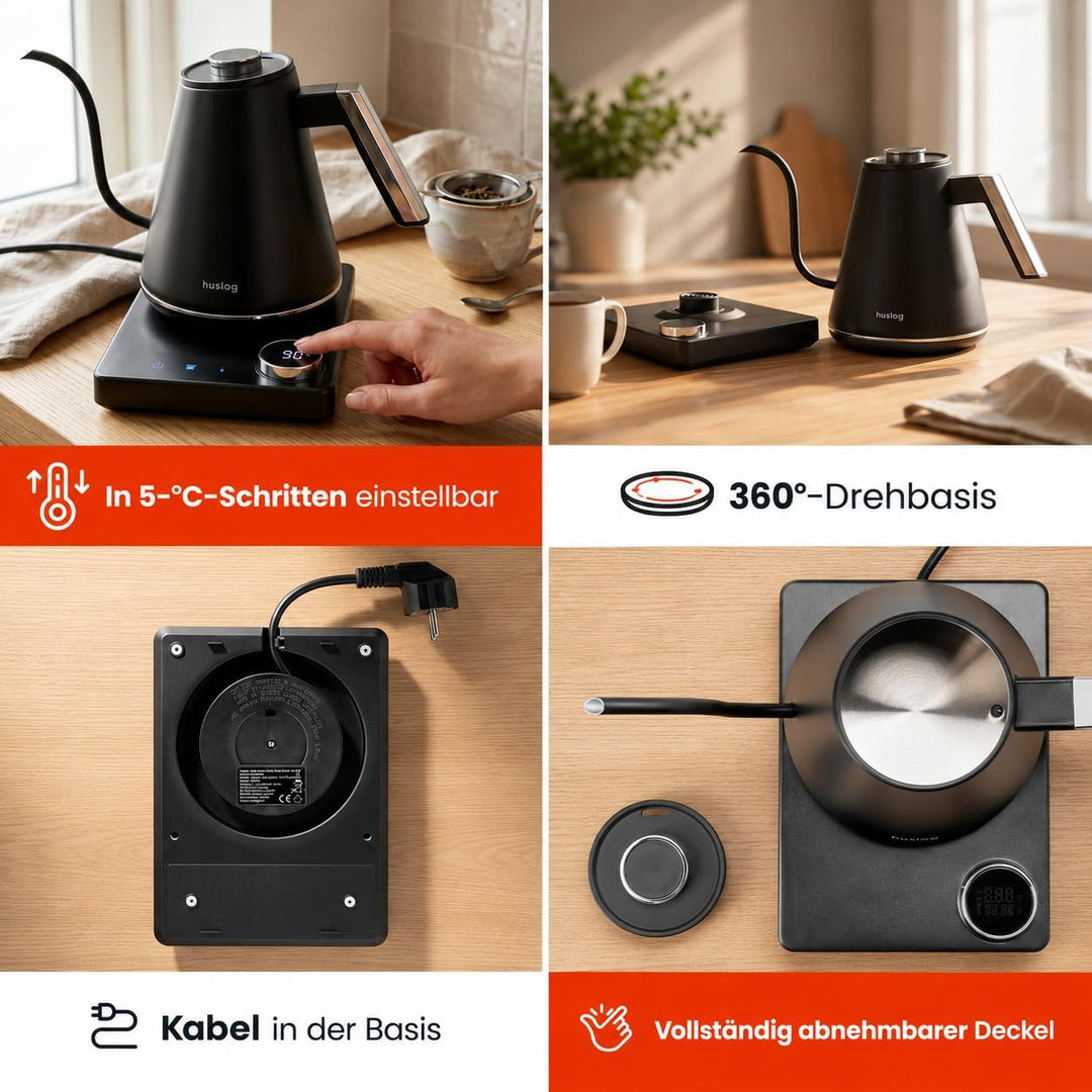 Elektrischer Wasserkocher 1L mit Temperaturregelung 40–100°C, Schwanenhals, LED-Display, Warmhaltefu