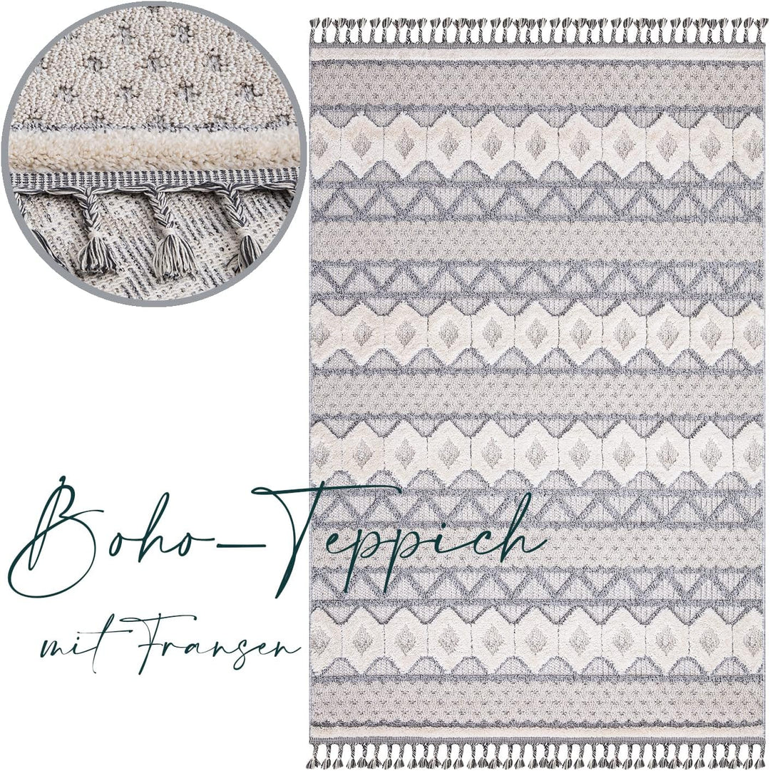 payé Teppich Wohnzimmer - Geometrische Muster - 80x150cm Grau Blau - Fransen Deko Boho Flauschig - C