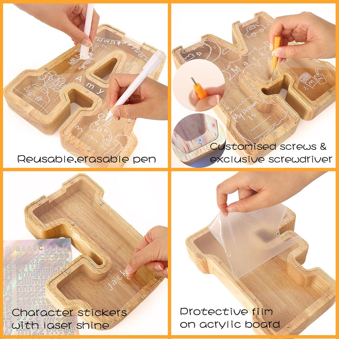 Lakpopya Spardose Buchstaben aus Holz für Kinder Erwachsene Gross A-Z Personalisiert Sparschwein mit