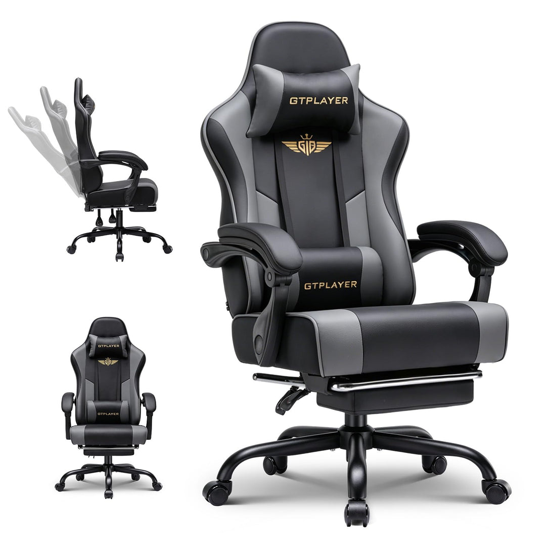 GTPLAYER Gaming Stuhl Chair Gamer Sessel - Ergonomischer Gamer Stuhl mit Fussstütze Kopfstütze und L