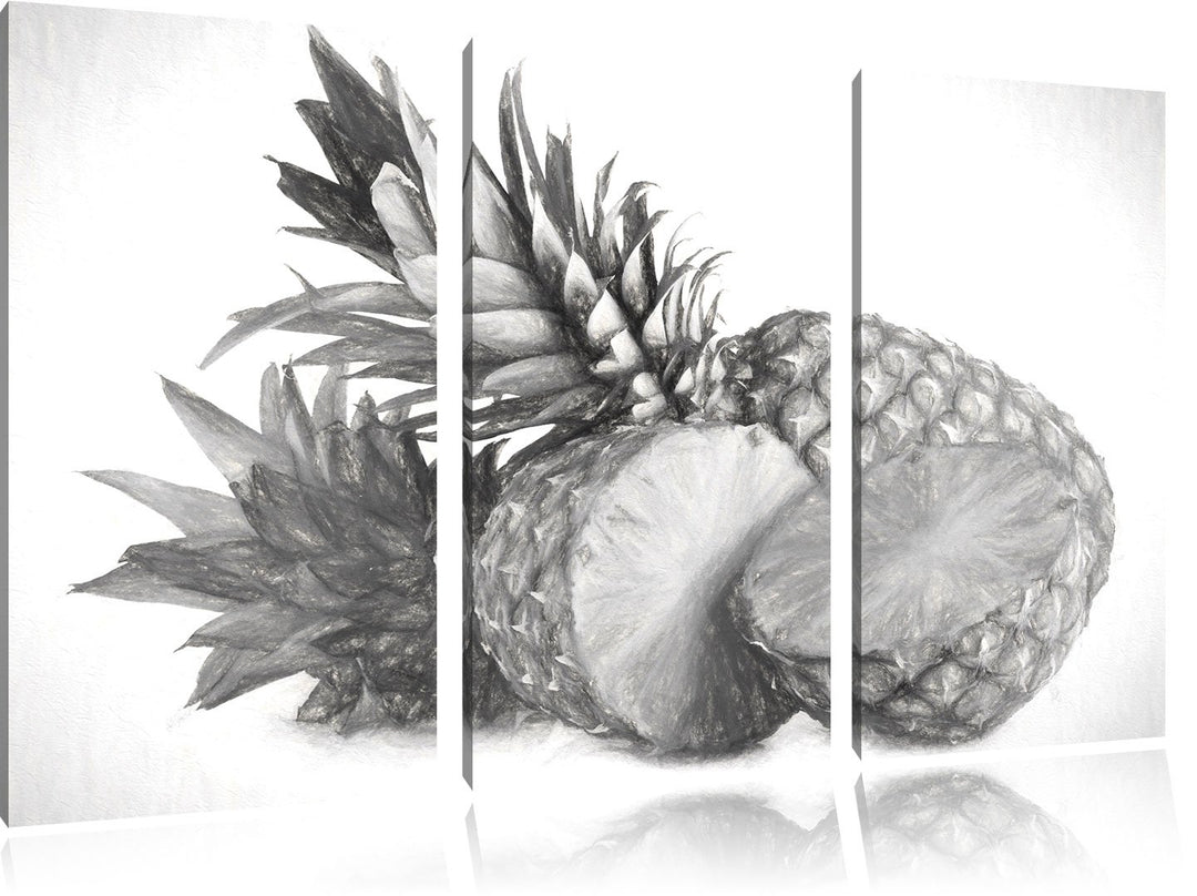 Pixxprint Frische Ananas Kohle Zeichnung Effekt 3-Teiler Leinwandbild 120x80 Bild auf Leinwand