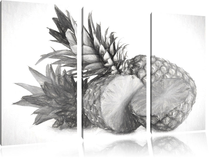 Pixxprint Frische Ananas Kohle Zeichnung Effekt 3-Teiler Leinwandbild 120x80 Bild auf Leinwand