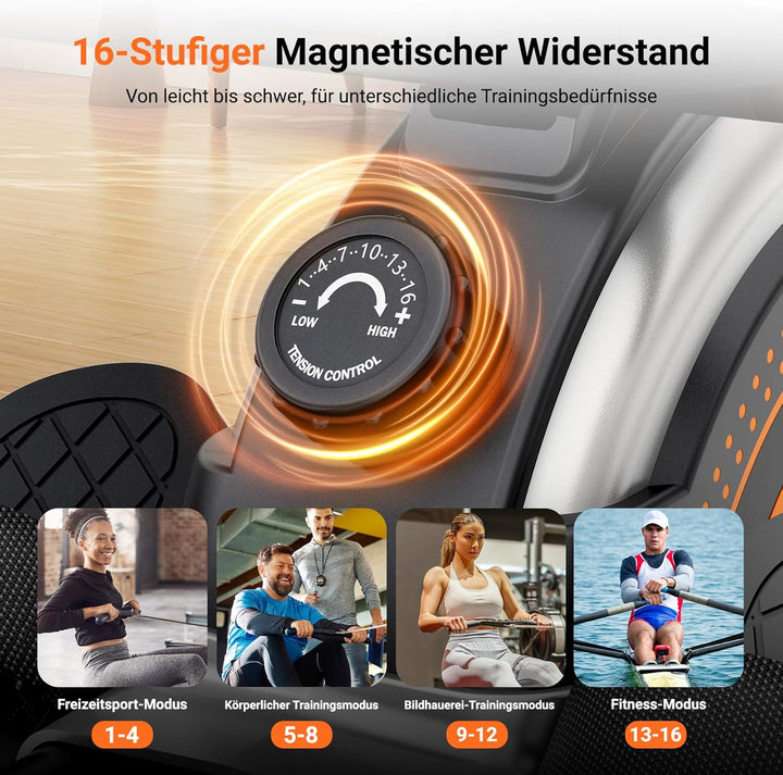 Dripex Rudergerät für Zuhause, Rudergeräte bis 160 kg Belastbar, Magnetisches Rudergerät mit 16 Wide
