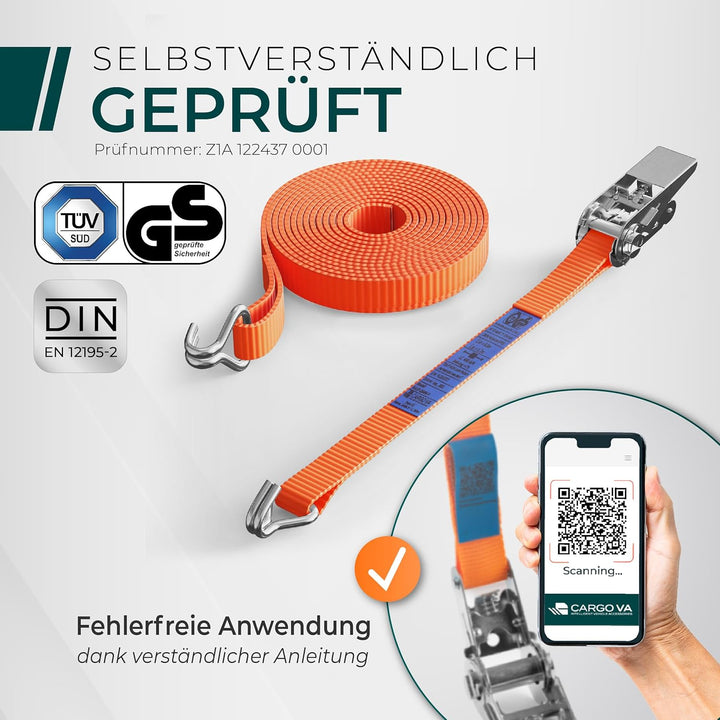 Schwerlast 5000kg Ratschengurte 6m - TÜV/GS & DIN Geprüft - Spanngurte mit Ratsche und Haken - QR La