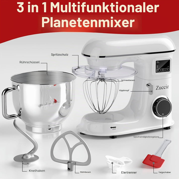 Zuccie küchenmaschine 1500W 8L Knetmaschine 6 Geschwindigkeit Fermentationsfunktion+LCD knetmaschine