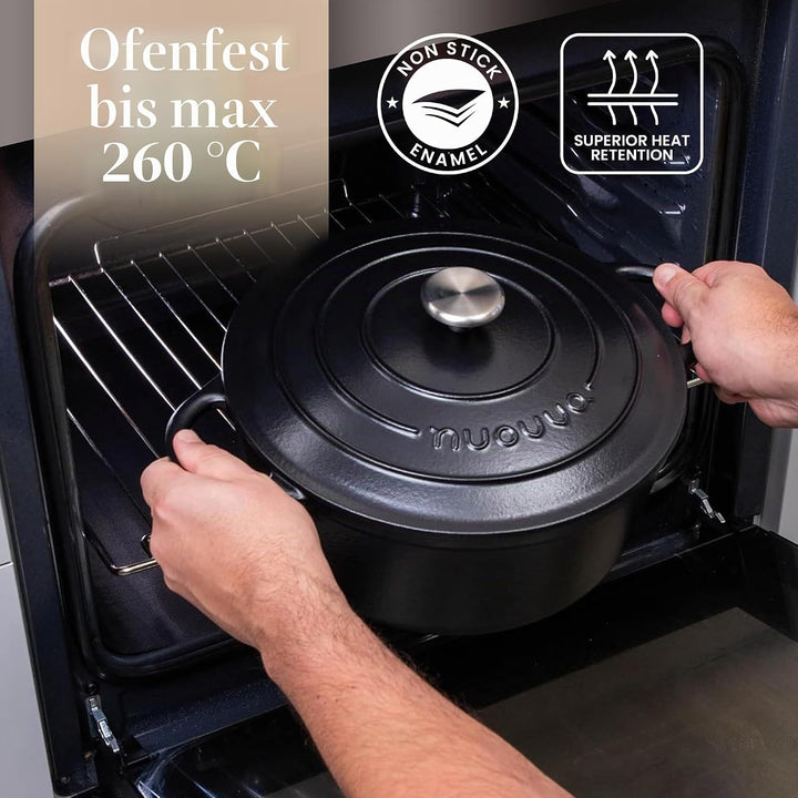 Gusseisen Dutch Oven mit Deckel – Emaille-Schmortopf mit Antihaft, Ofenfest – Schwarz, 6.1 Liter, 28