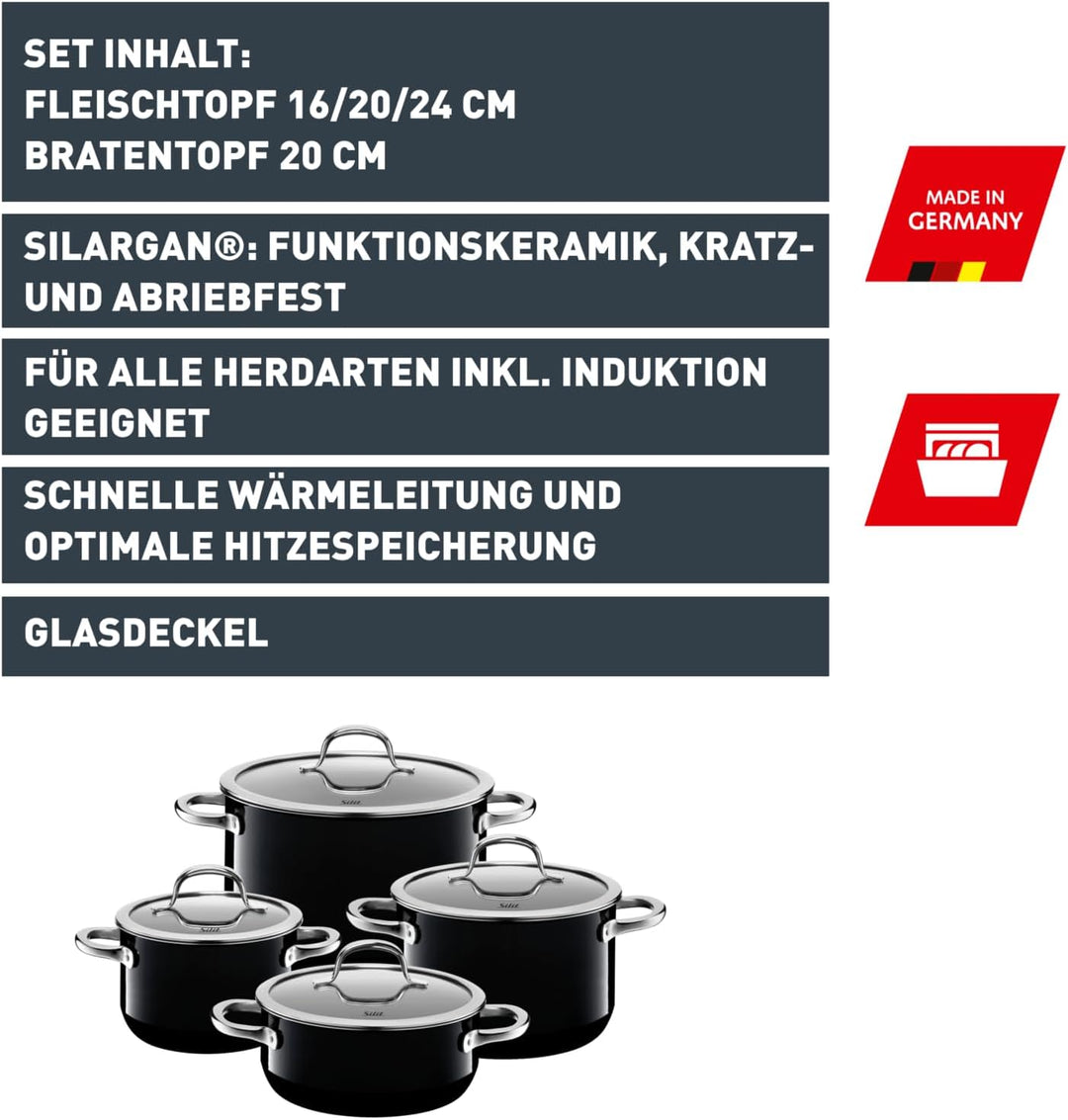 Silit Passion Black Topfset Induktion 4-teilig, Kochtopf Set mit Glasdeckel, Silargan Funktionskeram