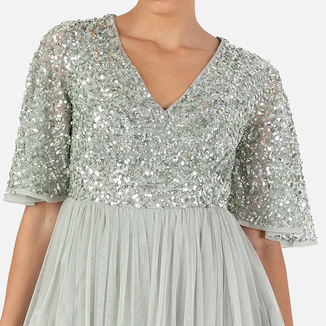 Maya Deluxe Damen Midi Abendkleid Cocktailkleid Abschlussball V-Ausschnitt Kurze Ärmel Tüllkleid Ele