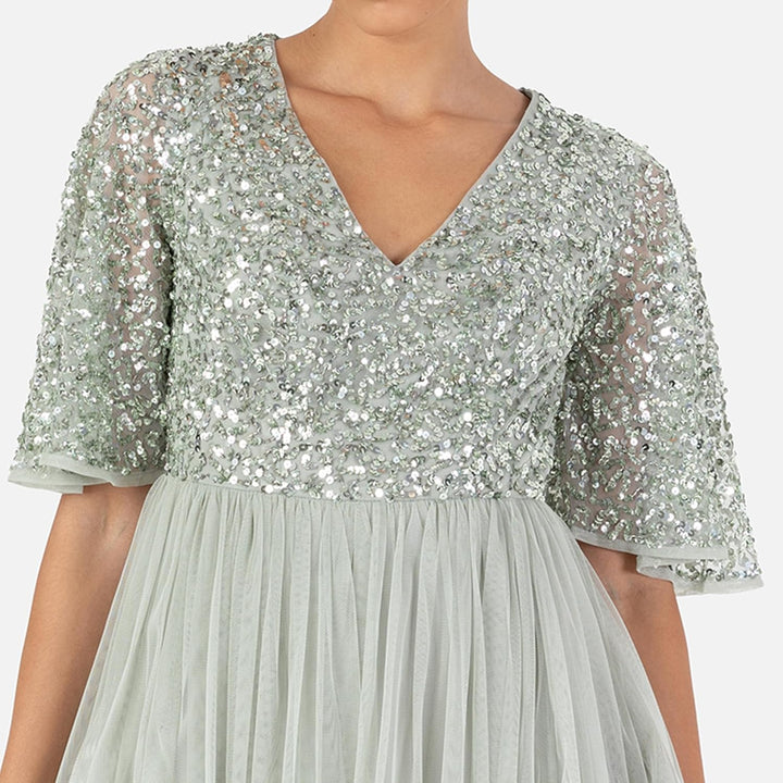 Maya Deluxe Damen Midi Abendkleid Cocktailkleid Abschlussball V-Ausschnitt Kurze Ärmel Tüllkleid Ele