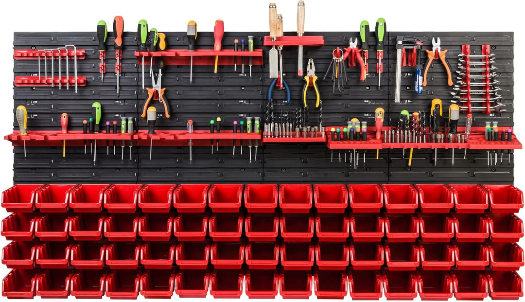 Lagersystem Werkstattregal | 156 x 78 cm | 60 stck. Box | Wandregal mit Werkzeughalterungen und Stap