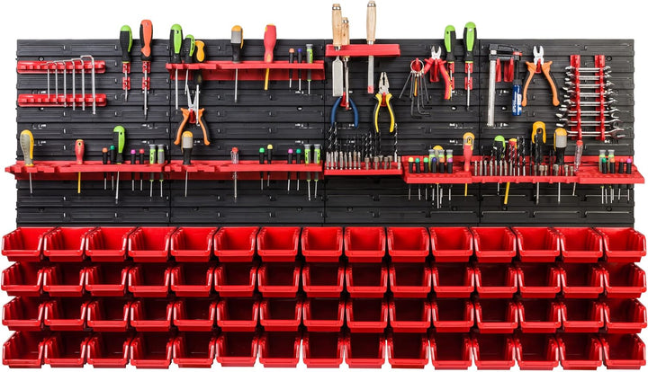 Lagersystem Werkstattregal | 156 x 78 cm | 60 stck. Box | Wandregal mit Werkzeughalterungen und Stap