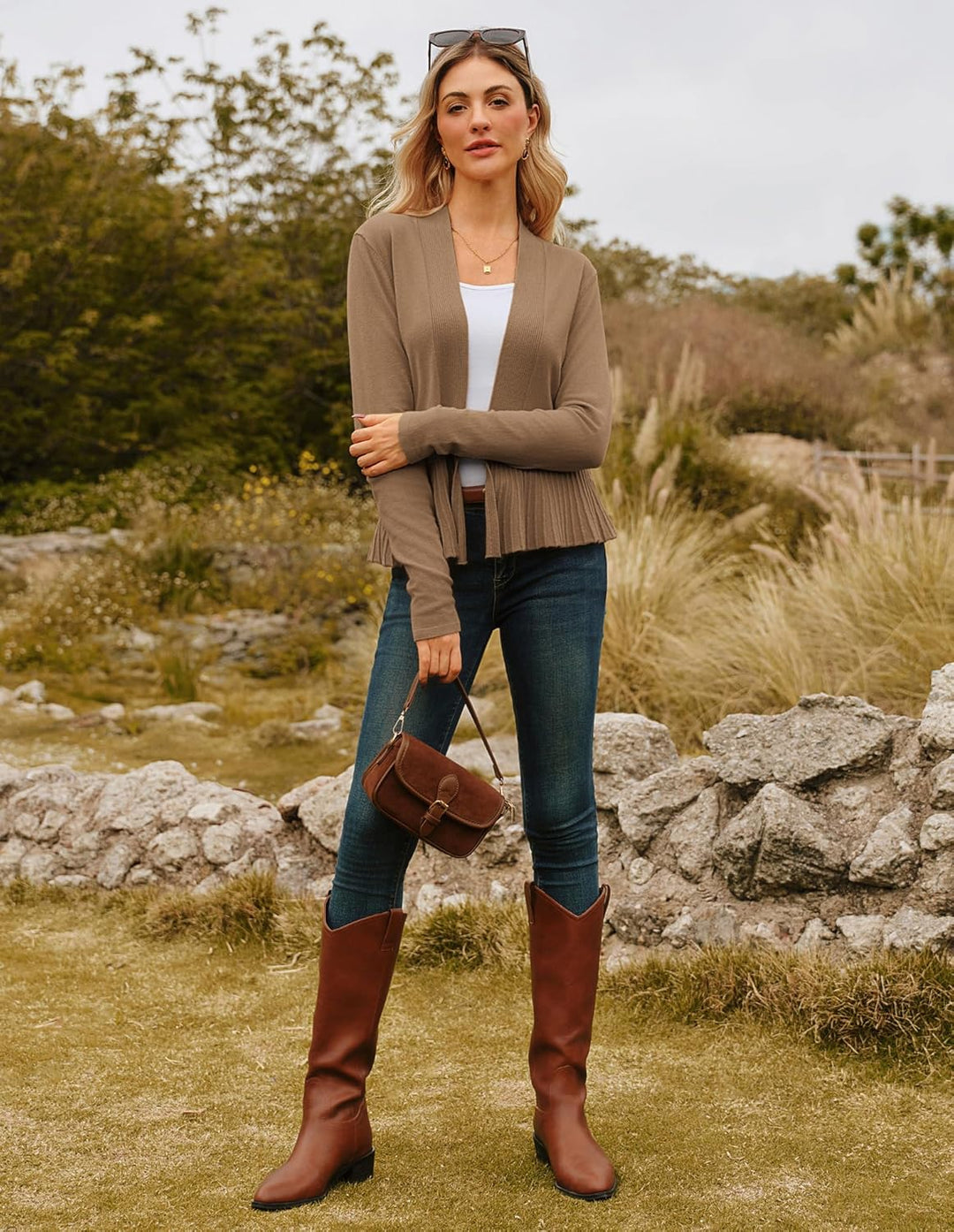 GRACE KARIN Damen Strickjacke Leicht Lange Ärmel Candigan offene Vorderseite Bolero mit Raffung Eleg