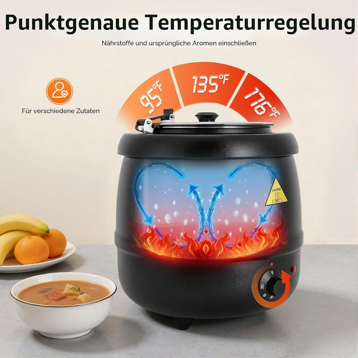 Elektrischer Suppenwärmer 10 Liter, Suppentopf mit Herausnehmbarem Edelstahl Einsatz &amp; Kappbare Deck