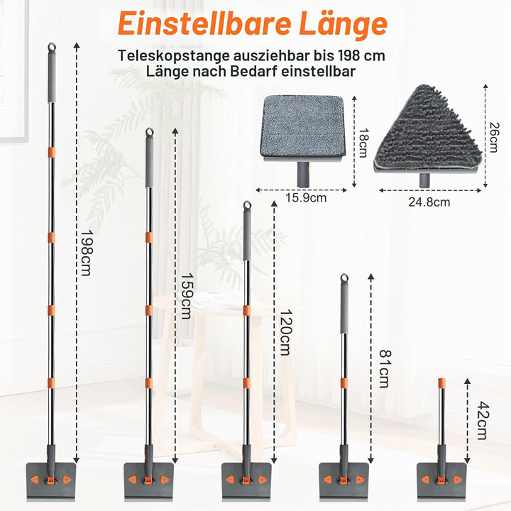 198cm Teleskop Fensterwischer, Profi Fensterputzer Set mit Abzieher,Langem Stiel Fensterreiniger mit