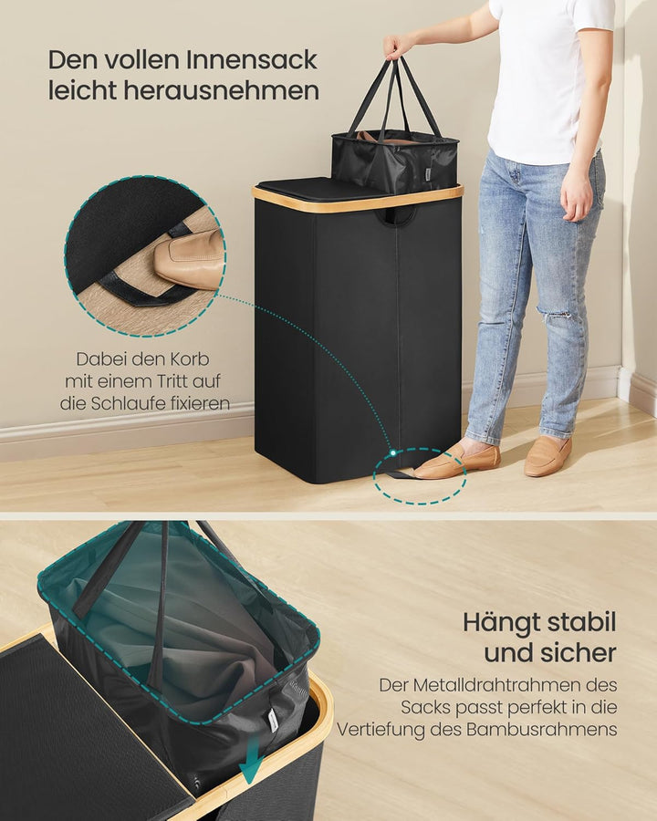 SONGMICS Wäschekorb 2 Fächer, Wäschesammler, 150 Liter, Wäschesortierer mit Deckel, Wäschetonne, Wäs
