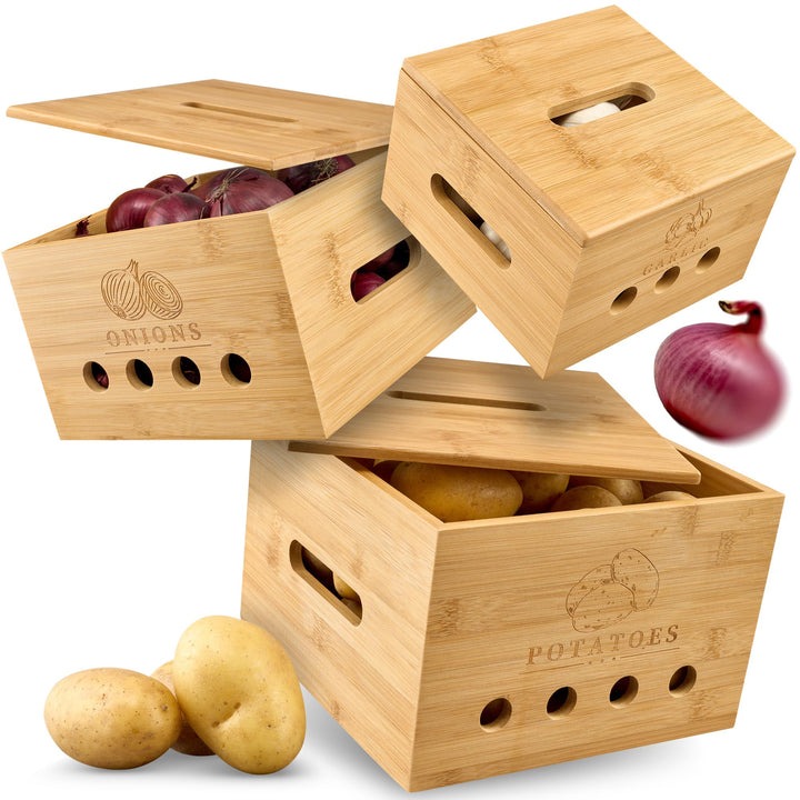 Premium Kartoffel Aufbewahrungsbox [3er Set] – Längerfrische Kartoffel Aufbewahrung, Knoblauch und Z