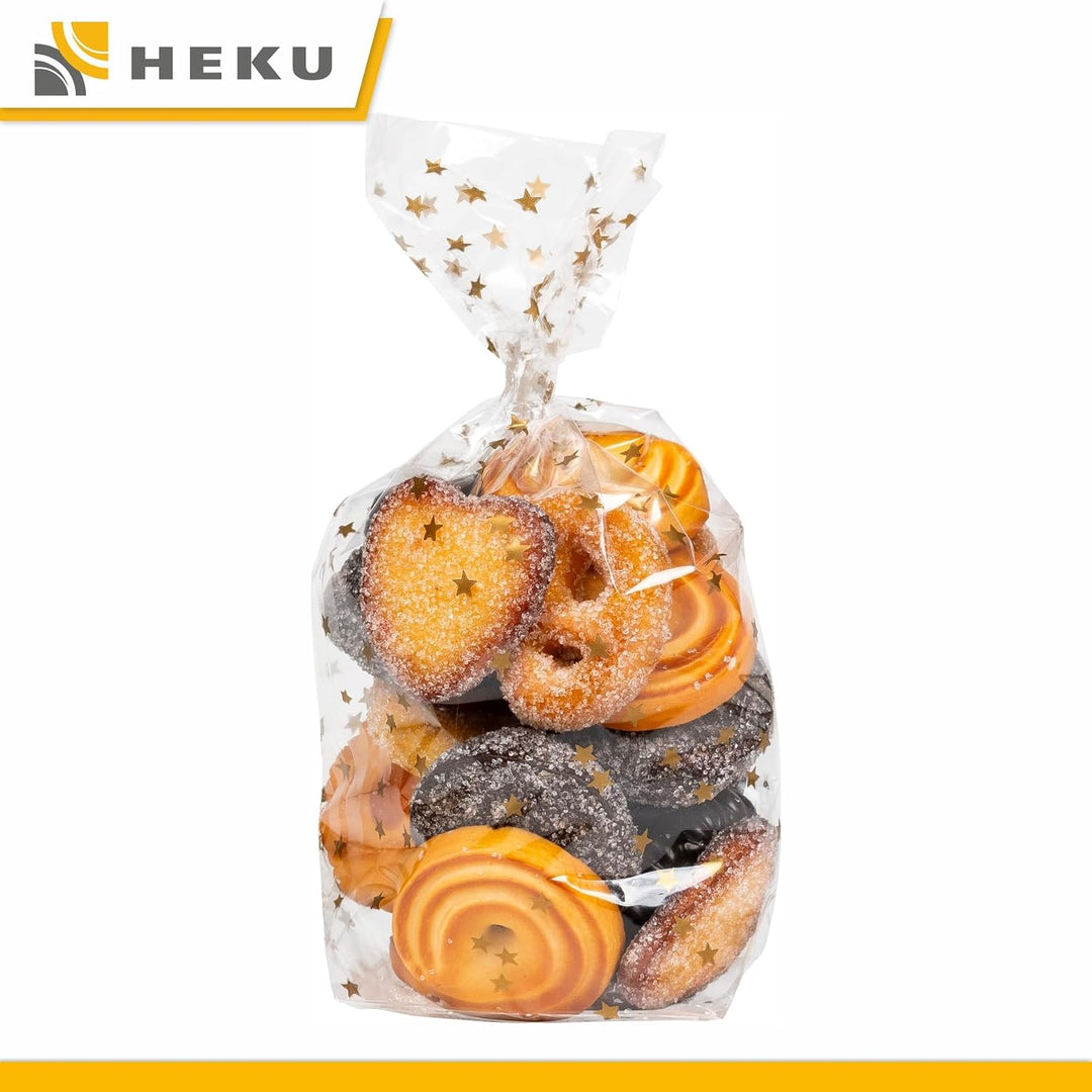 HEKU 1000er Packung Transparente Bodenbeutel mit goldenen Sternen 235x140x55mm I Stabiler Kreuzboden