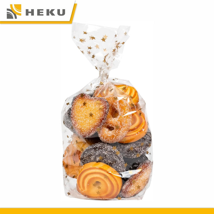 HEKU 1000er Packung Transparente Bodenbeutel mit goldenen Sternen 235x140x55mm I Stabiler Kreuzboden