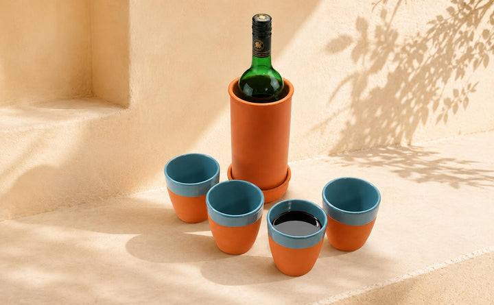 Home - Ton Flaschenkühler mit 4 Weinbechern - Türkis 330ml Natürlich/Glasiert - Weingenuss auf rusti