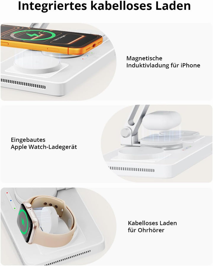 GEEKERA 4-in-1 Ladestation für Apple, Eingebautes einziehbares Ladekabel für iPad, Magnetisch Indukt