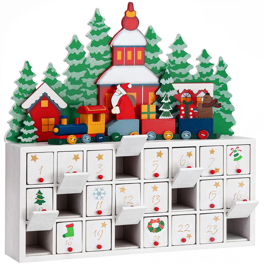 SPIELWERK® Adventskalender Winterlandschaft zum Befüllen wiederverwendbar 24 Türchen Bunt Bemalt Wei