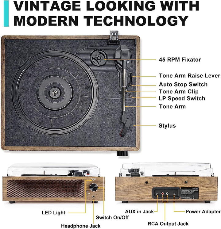 Trynnay Plattenspieler mit Lautsprecher Vinyl Schallplattenspieler Wireless LP Phonograph mit Eingeb