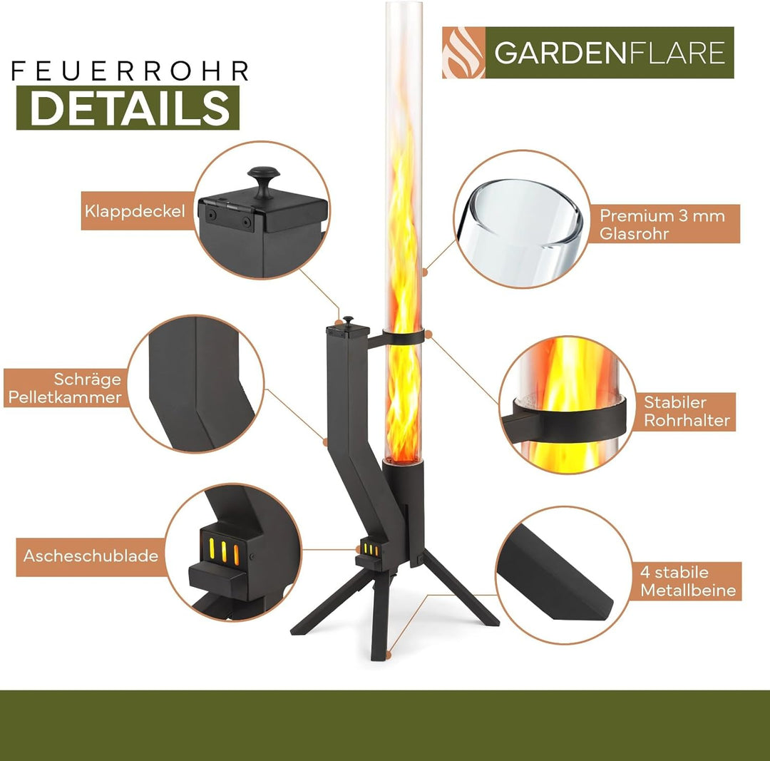 Gardenflare GARDENFLARE Feuerrohr Klassik – Edelstahl Feuersäule und Pelletfackel für Tolles Ambient