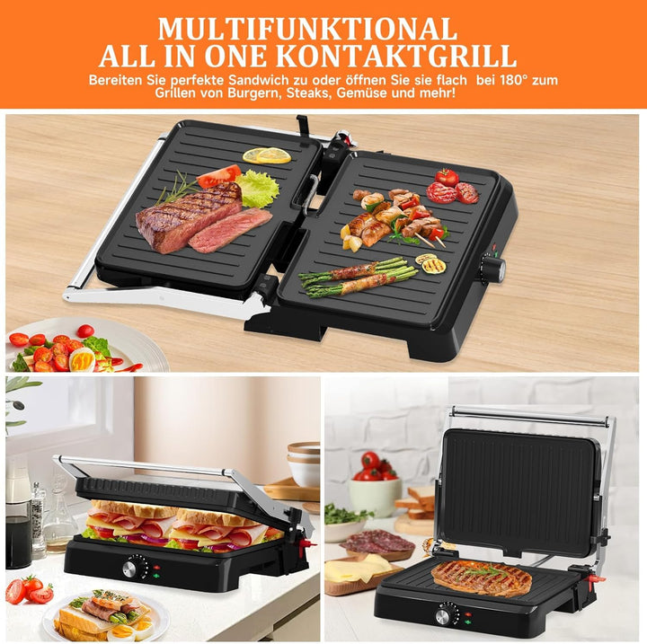 HOMELUX Kontaktgrill 2200W Panini Grill Sandwichmaker für Sandwiches, Steakmit 34x23cm Antihaftplatt