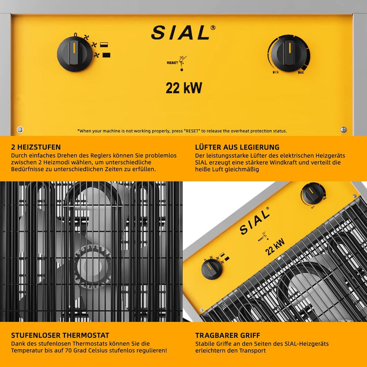 SIAL Heizgebläse 22000W - Elektroheizer Heizlüfter - Bauheizer Bautrockner - Industrielle Heizstrahl