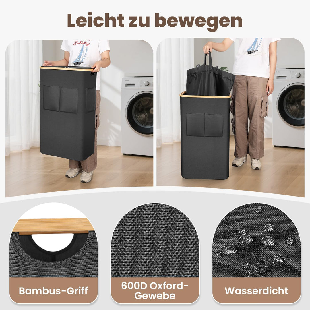 OUSFOT Wäschekorb mit Deckel 105L, Wäschesammler mit Griffen aus Bambus, Laundry Basket Wasserdicht