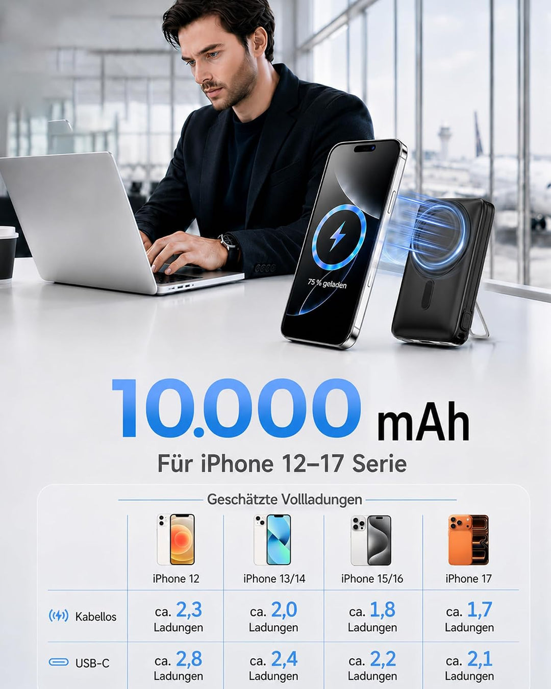 Magnetische Powerbank 10000mAh mit Ständer &amp; 22.5W Kabel für iPhone Blau Blau 10000.0 Milliamperestu