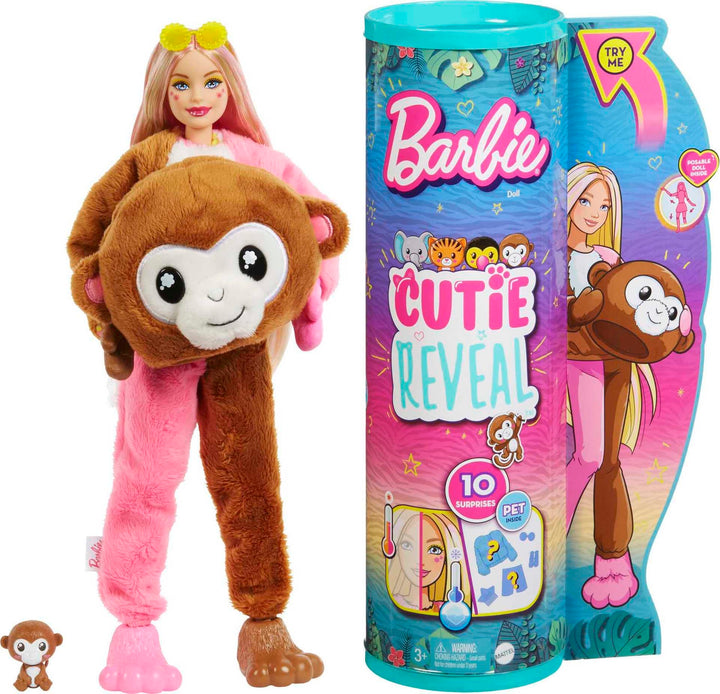 Barbie Cutie Reveal, bewegliche Affenzubehör, 10 Überraschungen, Haustier, wechselnde Farben, inkl.