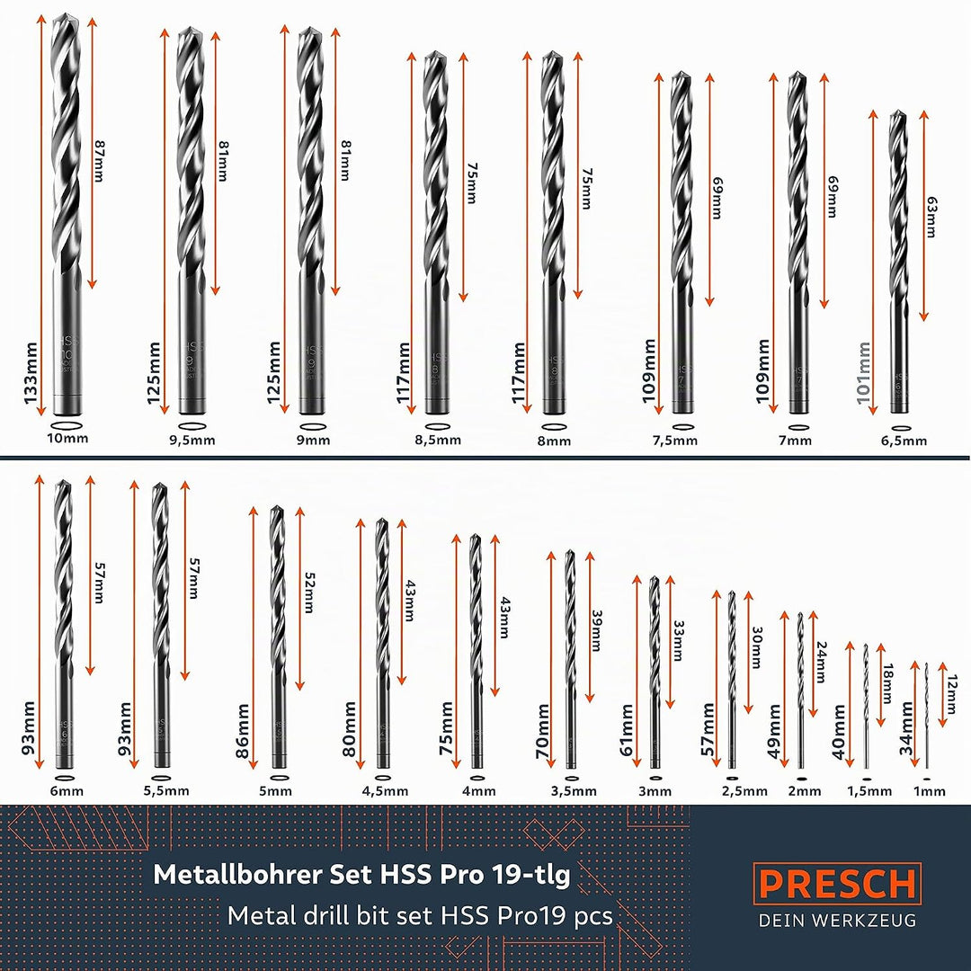 Presch Metallbohrer Set HSS Pro 19-tlg - Präzisionsgeschliffenes, gehärtetes Profi Stahlbohrer Set f