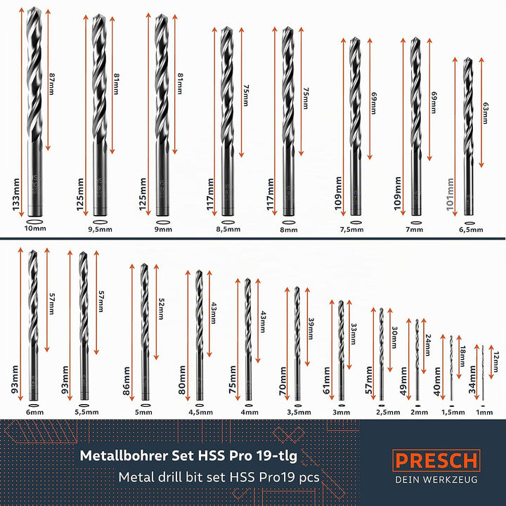Presch Metallbohrer Set HSS Pro 19-tlg - Präzisionsgeschliffenes, gehärtetes Profi Stahlbohrer Set f