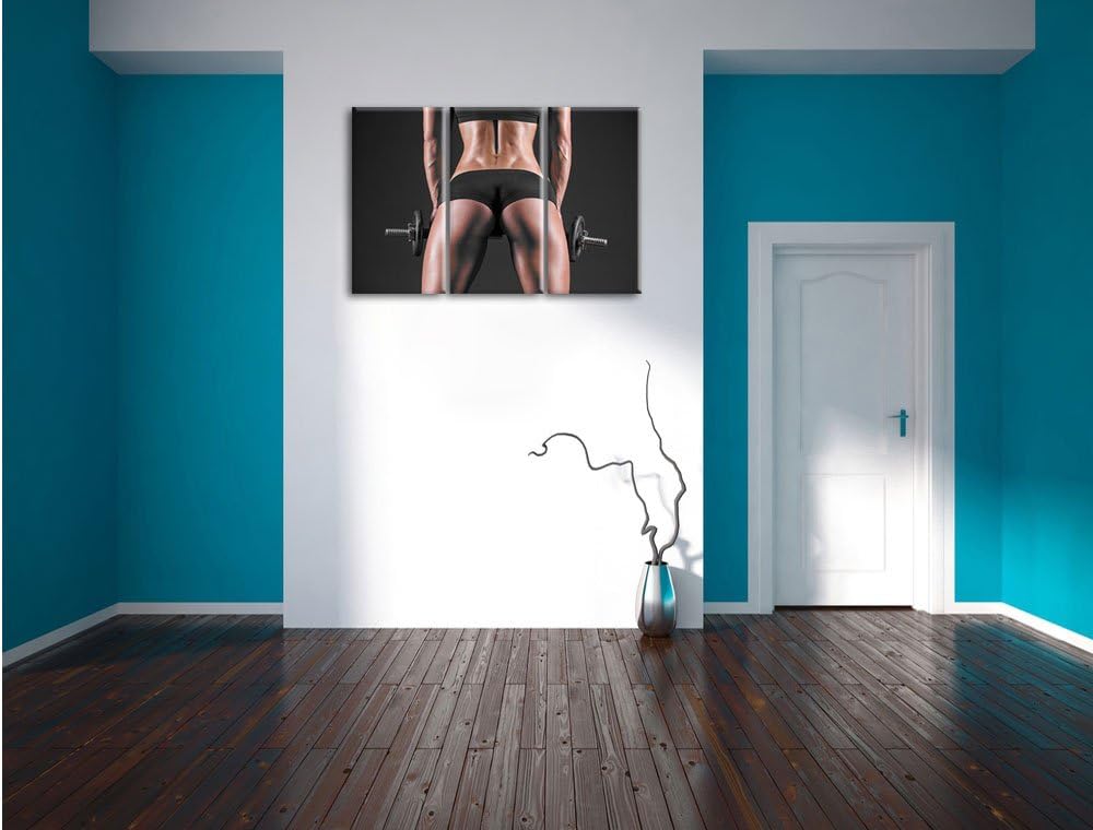 Pixxprint Sexy Frau mit Hanteln B&W Detail als Leinwandbild/Grösse: 3 Teilig (120x80 cm) cm/Wandbild