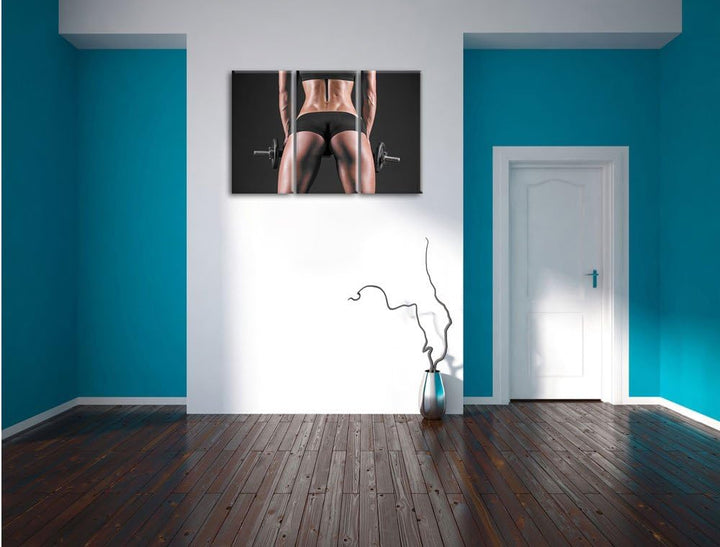 Pixxprint Sexy Frau mit Hanteln B&W Detail als Leinwandbild/Grösse: 3 Teilig (120x80 cm) cm/Wandbild