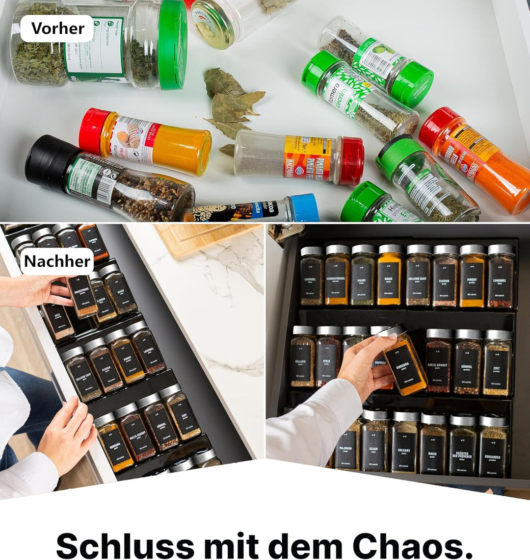 Deco haus® Gewürzregal mit Gläsern [MIT 24 GEWÜRZGLÄSER & ETIKETTEN] - Gewürzregal Schublade auszieh