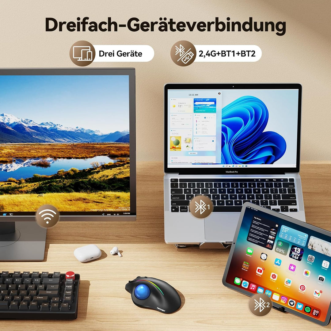 TECKNET Kabellose Trackball-Maus, Ergonomische Maus mit Bluetooth und verschlüsseltem Dongle, 6 Tast