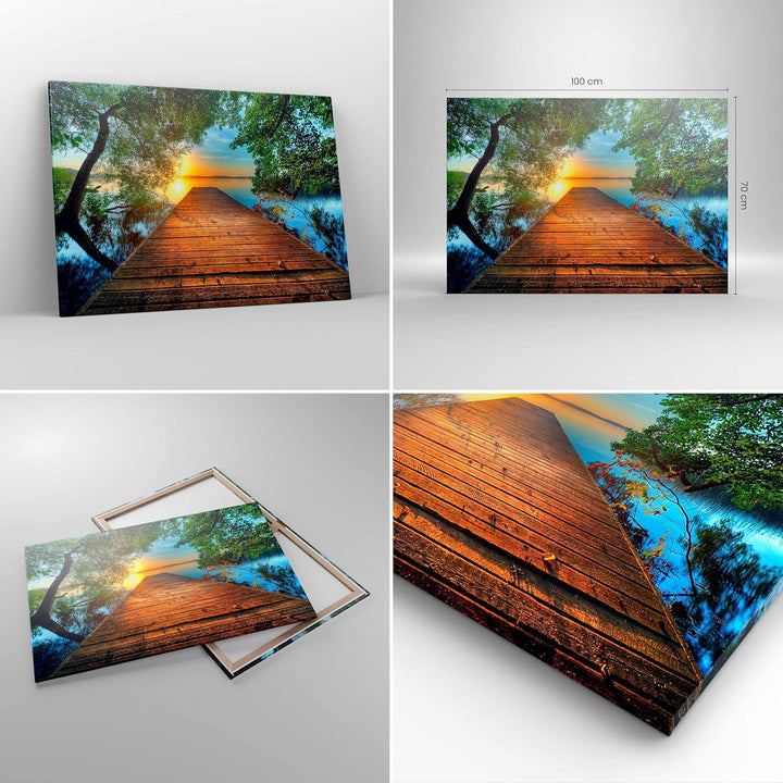 ARTTOR Bilder auf Leinwand 100x70cm Leinwandbild mit Rahmen Brücke See Gross Wanddeko Bild Schlafzim