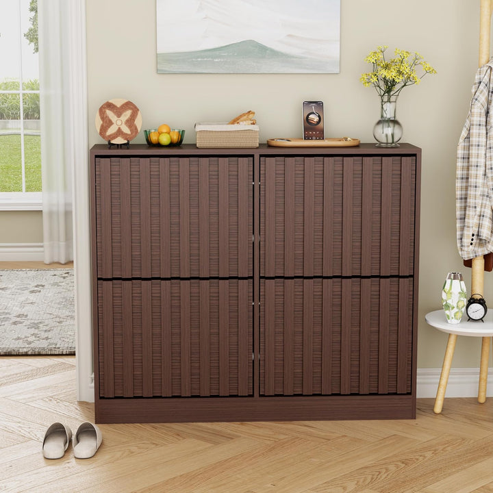UEV Schuhschrank mit 4 Klappen Holz Schmal Schuhkipper Schuhkommode mit Kippschutz, Schuhaufbewahrun