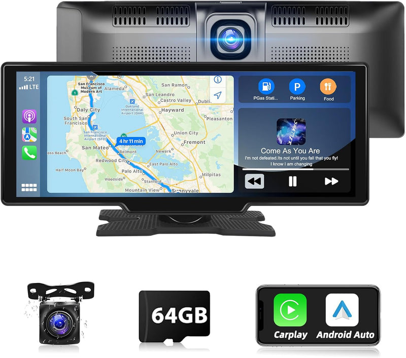 Podofo Tragbarer Autoradio mit Wireless Apple Carplay Android Auto, 9,3 Zoll Radio mit Bluetooth, FM