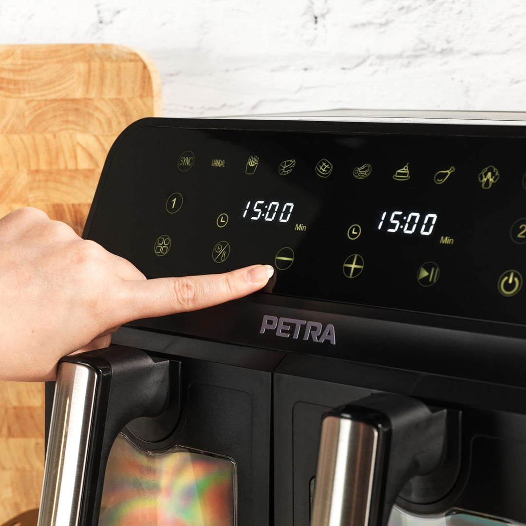 Petra PT5196GWVDE 7,6-l-Doppel-Heissluftfritteuse - Fritteuse ohne Öl, Ölfreier Kocher, Doppelschubl