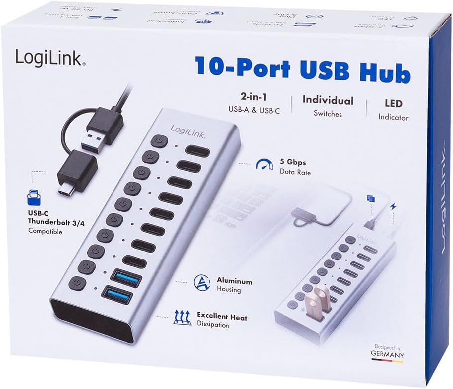 LogiLink UA0448 - USB 3.2 Gen1 Hub mit 10-Ports und Kabel/Adapter, USB Typ A und USB Typ C, EIN-/Aus