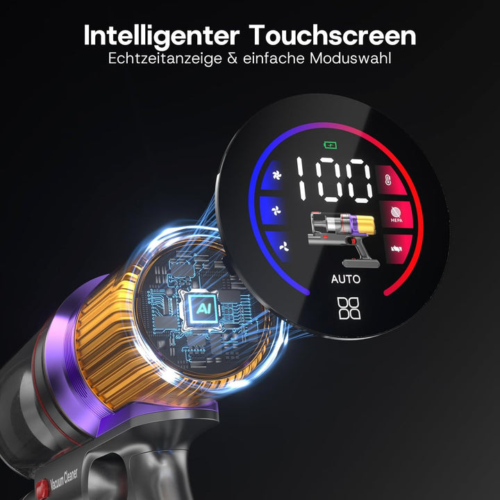 V16 Akku Staubsauger 600W/55Kpa/80Mins, Staubsauger Kabellos mit LED Touchscreen, Automatikmodus, An
