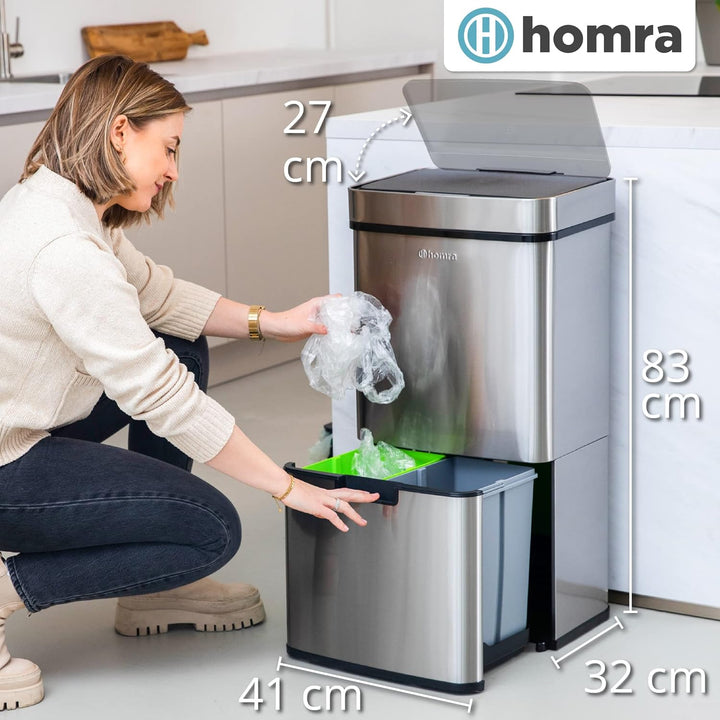 Homra® Nexo Mülleimer mit Sensor Edelstahl - Automatischer Mülleimer Sensor mit 3+1 Fächern - Mülltr