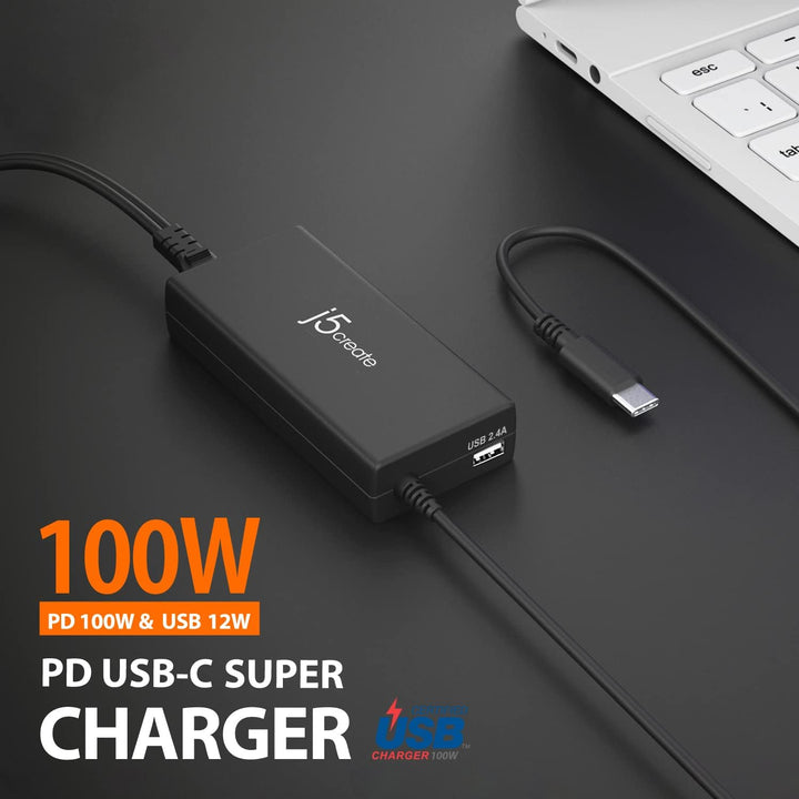 j5create USB Typ-c 100W PD Schnell-Ladegerät für MacBook Pro, Chromebook, Laptop, Notebook, Tablet,