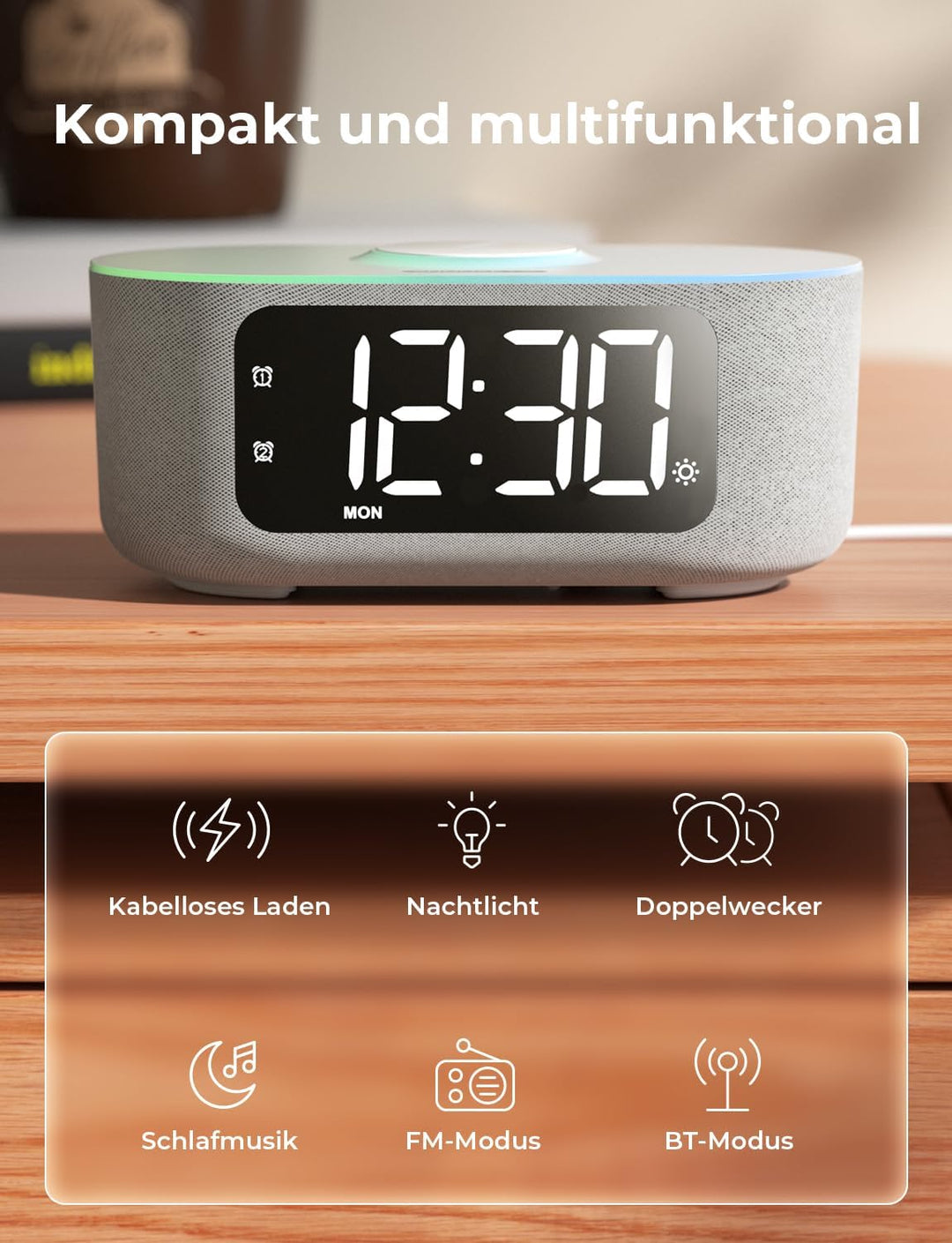 LIORQUE Digitaler Radiowecker mit Kabelloser Ladestation, Bluetooth Wecker mit Licht, 15W Fast Wirel