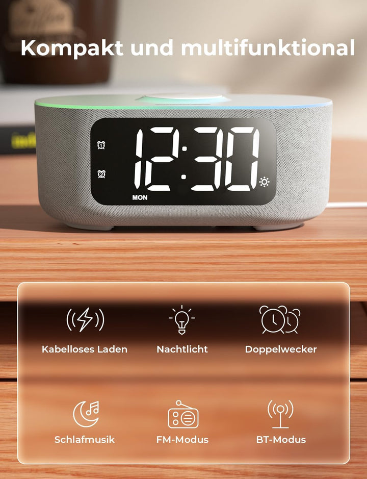 LIORQUE Digitaler Radiowecker mit Kabelloser Ladestation, Bluetooth Wecker mit Licht, 15W Fast Wirel