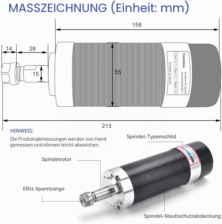 Daedalus CNC Bürstenloser Spindelmotor Kit, 600w, ER11, 48V DC, 9000RPM ER11 600w Er11 Kit