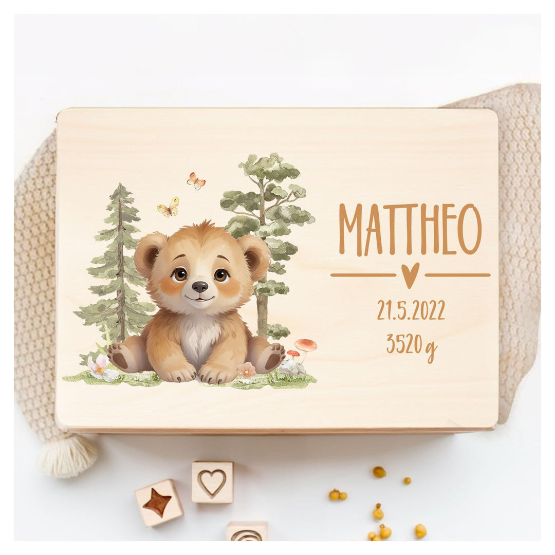 Little Deco Personalisierte Erinnerungsbox Baby Holzkiste mit Waldtiere | L - 40 x 30 x22 cm | Gesch